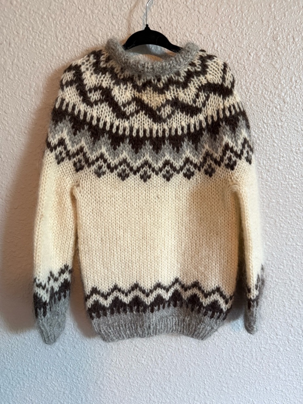 Handknit Icelandic-Style Wool Sweater in Cream, Brown & Gray